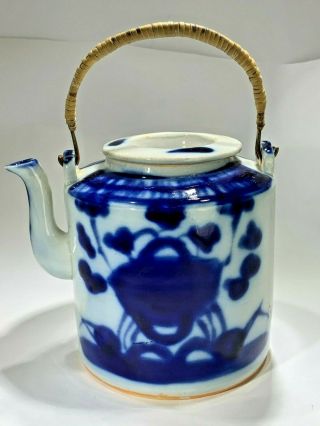 Chinese Antique 19th Century Canton Blue & White Glazed Porcelain Tea Pot