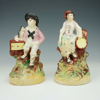 Antique Staffordshire Pottery - Organ Grinder Monkey & Lady Figures
