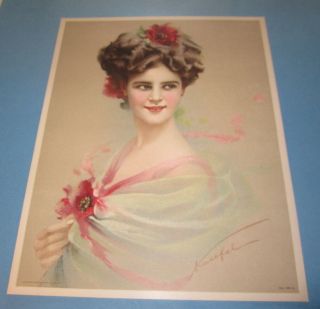Old Vintage 1910 - Antique Victorian Print - Fancy Lady With Red Flowers