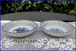 2 Antique - Vintage Blue & White Floral Reticulated Bowls Hand Painted 7 