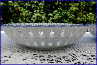 2 Antique - Vintage Blue & White Floral Reticulated Bowls Hand Painted 7 