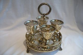 Stunning Vintage Engraved Silver Plate / Gilt 4 Piece Egg Cup Set With Stand.