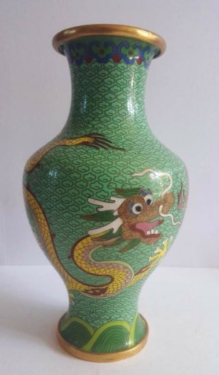 Chinese Antique Cloisonne Vase With Dragons Chasing Pearl