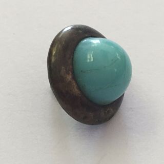 Antique Vintage Button Blue Green Agate Marble Gemstone In Brass