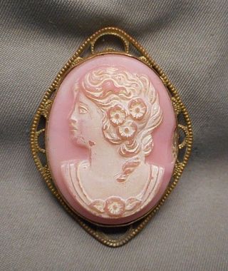 Antique Victorian Pink Glass Lady Cameo Brooch Pin Brass Filigree Mounting