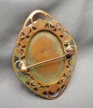 Antique Victorian Pink Glass Lady Cameo Brooch Pin Brass Filigree Mounting 2