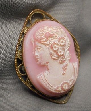 Antique Victorian Pink Glass Lady Cameo Brooch Pin Brass Filigree Mounting 3