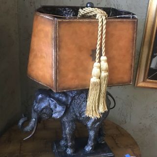 Rare Maitland Smith Bronze Elephant Table Lamp Faux Leather Shade,