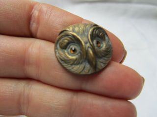 Unusual Antique Arts & Crafts Gilt Figural Owl Hatpin Glass Eyes 1900 
