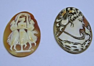 2 X Antique Loose Carved Shell Cameos - Including The Three Graces