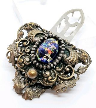 Antique Victorian Brass Floral Paisley Repousse Opal Dragon Glass Dress Clip