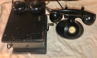Antique Oak Western Electric Wall Hand Crank Telephone 315h W/ Desk Phone
