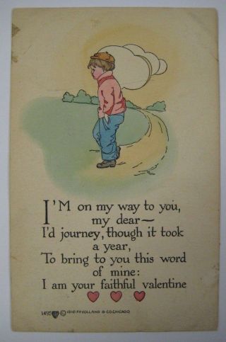 Vintage 1910 Valentines Day Postcard Antique P.  F.  Volland Little Boy Poem
