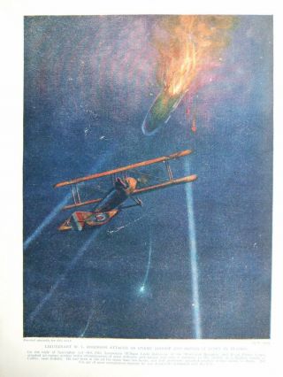 Rare 1920 Military Print - Lt W L Robinson Attacking Enemy Airship Winning Vc