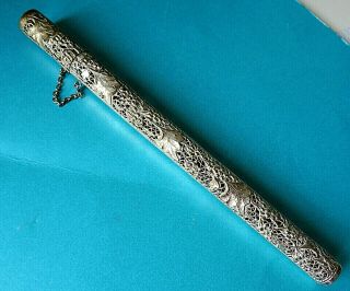 Antique Rare Silver On Brass Large Knitting Needle Case,  Openwork Vines Design,