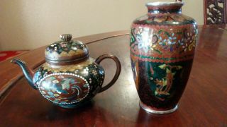 Finely Detailed Antique Japanese Cloisonne Small Teapot And Vase