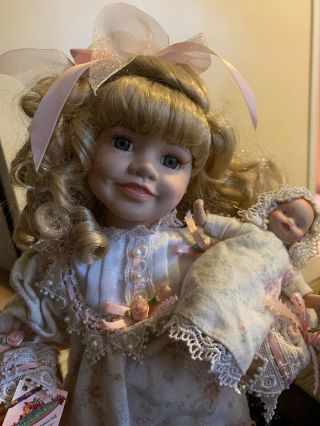 Victorian Porcelain Doll Collectible Limited Edition With Baby & Stand For Doll