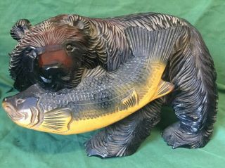 Vintage Carved Wooden Bear Holding A Fish Good Sized Signed