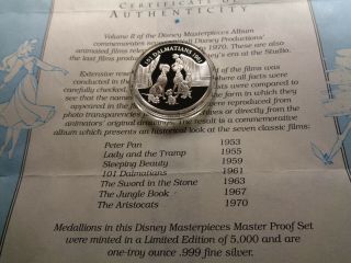 101 Dalmatians Disney 1961 Movie Masterpieces 999 Silver Coin Very Rare B