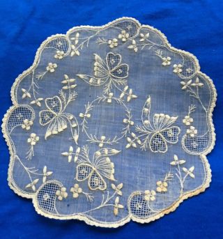 Rare Antique Handmade Organza Lace Embroidered Doily 8 "