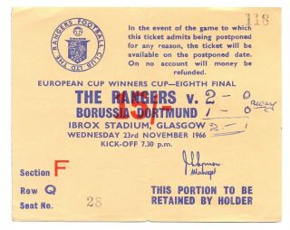 Ticket European Cup Winners The Rangers V Borussia Dortmund 1966 Very Rare