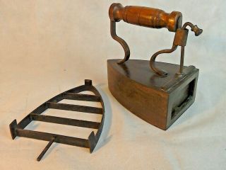 Antique Crane Heater Box Iron No5 With Wooden Handle And Trivet Stand (b1 - W602)