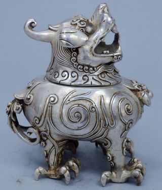 Collectable Handwork Miao Silver Carve God Beast Dragon Souvenir Incense Burner