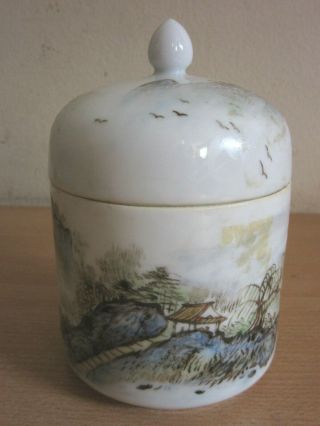 Antique Signed Chinese Porcelain Lidded Canister Jar,  Hand Painted 4.  25 "