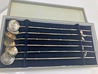 Japan Sterling Bamboo Handle Iced Tea Spoons W/ Charms Box Cleaning Brush Set 6