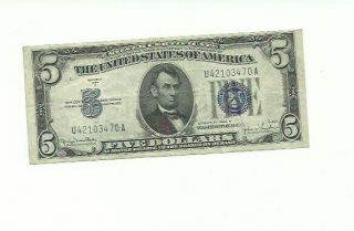 1934d $5 Silver Cert.  Notes Blue Seal Old Money Rare Bill ✯free Shipping✯