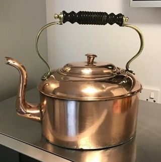 Antique Copper And Brass And Wood Kettle 6 Pint Watertight