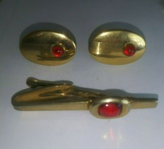 Red Gold Tone Cufflinks Set Vintage Tie Bar Clip Dd - P