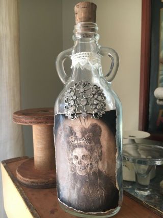 Antique Bottle Vintage Decoration Gothic Skull Apothecary Macabre Halloween 12”