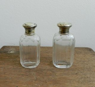 2 X Antique Silver Topped Faceted Glass Scent Perfume Bottles 1894 London