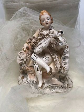 Meissen Antique German Porcelain Man With Cello And Frill Figurine Rare 6 1/3”
