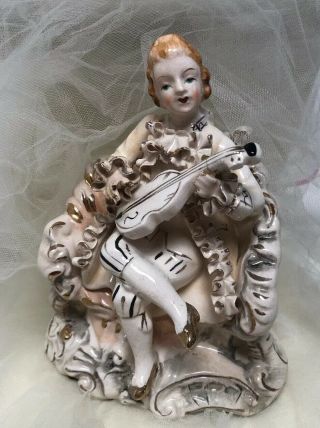 Meissen Antique German Porcelain Man With Cello And Frill Figurine Rare 6 1/3” 2
