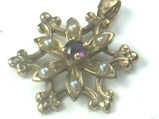 Antique 14k Yellow Gold Natural Amethyst Seed Pearl " Snowflake " Motif Charm 0.  9g