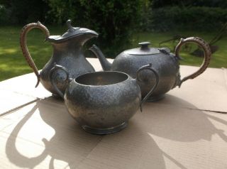 Vintage Arts & Craft 3 Pc Tea/coffee Set Hand Hammered English Pewter