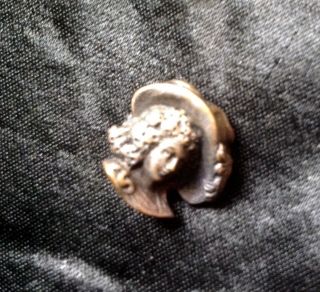 Rare Antique French Metal Button Portrait Miniature Musketeer Head Hat Cameo