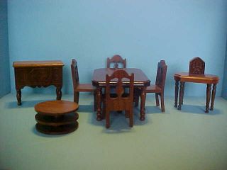 Vintage 9 Pc.  Strombecker Playthings Walnut Dining Room Furniture