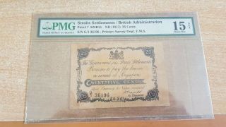 Straits Settlements 25 Cents Nd (1917) Pmg 15 Net Repaired Very Rare Note