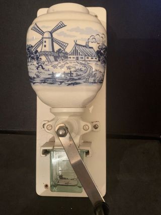 Antique German Dutch Motif Delft Blue Coffee Grinder Mill Wall Mount Windmill