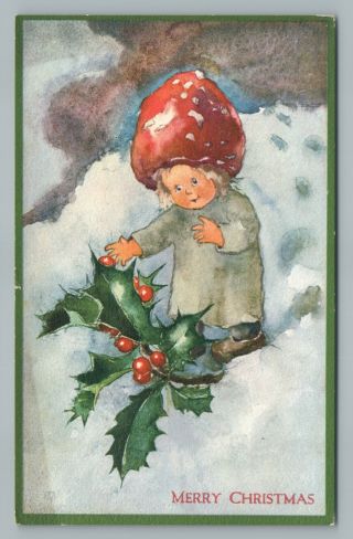 Mushroom Head Girl—antique Fantasy Swiss Christmas Postcard—vouga & Cie 1920s