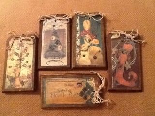 5 Wooden Prim Christmas Ornaments/gift Tags/hangtags/ornies Handcrafted Set30