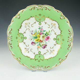 Antique English Porcelain Hand Painted Flowers Plate With Green Borders