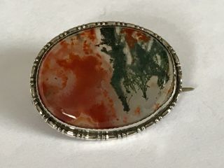Antique Edwardian 1900’s Silver Moss Agate Lace Pin Brooch.  7/8”