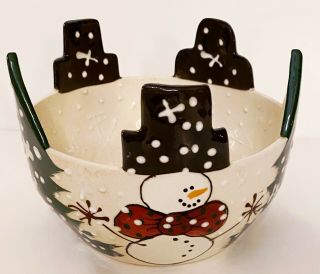 Expressly Yours Rare Hand Painted Snowman Cut Out Bowl Ceramic Winter Holiday