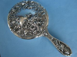 Art Noveau Lady Flowers Poppies Antique Derby Silver Co 5 " Hand Mirror Nm