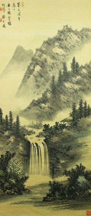 中国 Chinese Antique Art Kakejiku Hanging Scroll / Waterfall Landscape Sansui R88