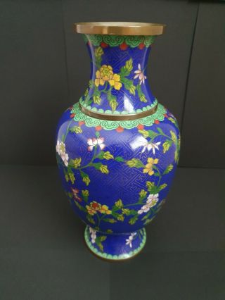 Vintage Floral Cloissone Cobalt Blue Chinese Vase Urn Brass & Enamel 10 "
